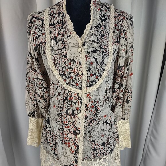 213 by Michelle Kim Multicolor Long Lace Sleeve Victorian Inspired Blouse Sz S - Picture 1 of 15